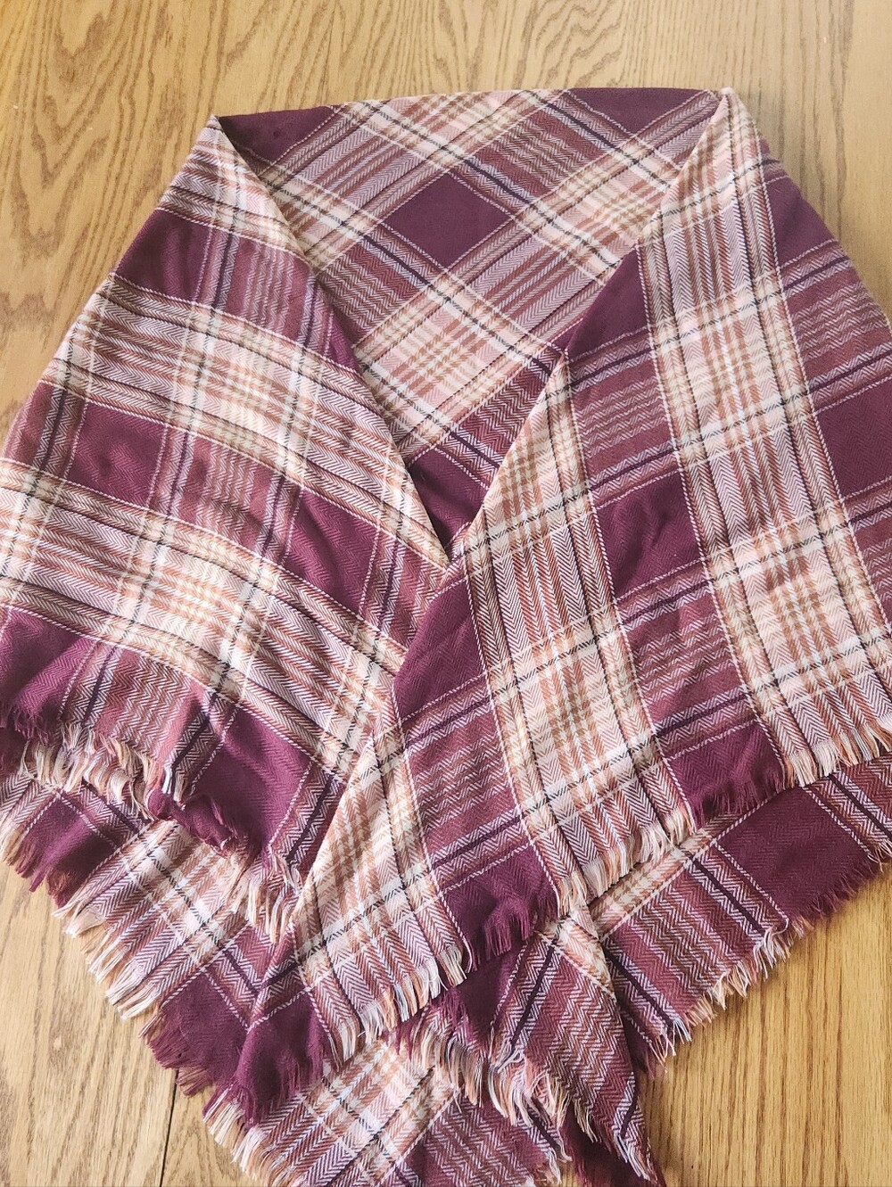 Plaid Fringed Scarf Wrap Cape - Burgundy & Tan